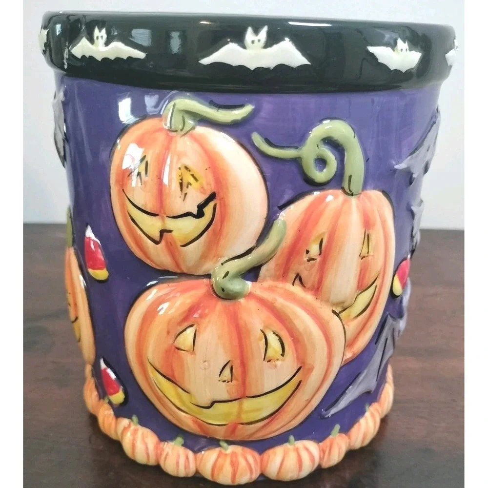 Vintage Halloween Purple Ceramic Pumpkin Bat Spider Web Candle Holder Jar Decor